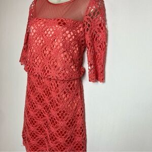 Jax Coral Crochet Midi Dress with Sheer Yoke Sz 4